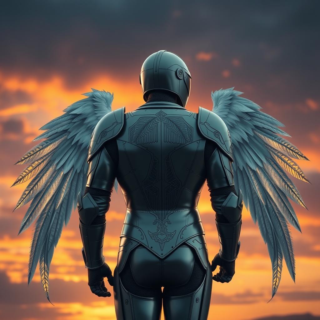 A sleek, slim suit of armor fitting snugly to the body, featuring elegant, feathered wings extending majestically from the back