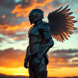 A sleek, slim suit of armor fitting snugly to the body, featuring elegant, feathered wings extending majestically from the back