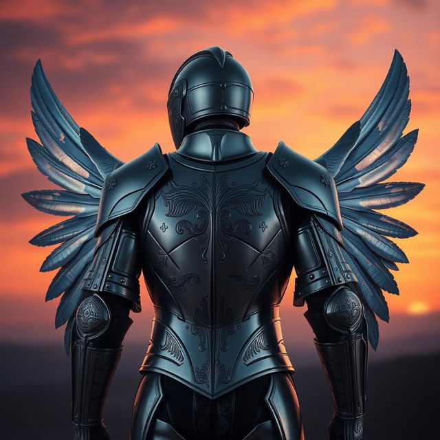 A sleek, slim suit of armor fitting snugly to the body, featuring elegant, feathered wings extending majestically from the back