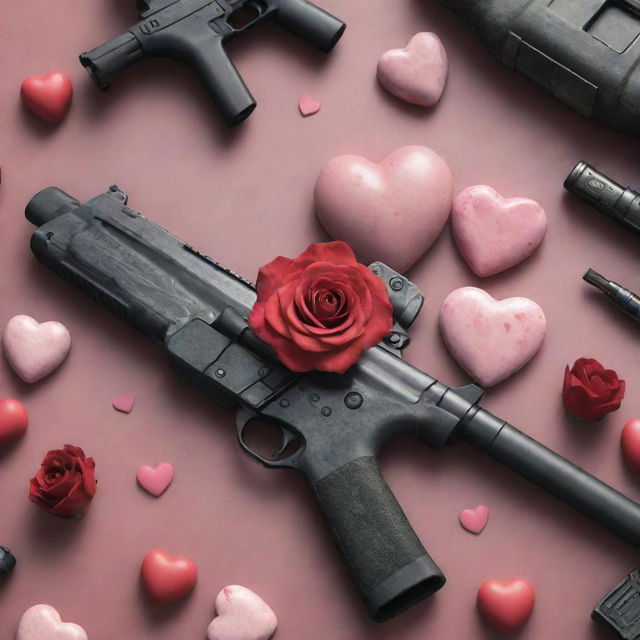 A Valentine's Day themed image incorporated with Call of Duty Mobile elements like weapons, maps, or characters, all with romantic accents such as hearts, roses, and candies.