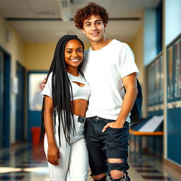 A cute African American and Hispanic girl with long black braids, wearing a stylish white outfit, standing close to her boyfriend who has curly brown hair and light skin