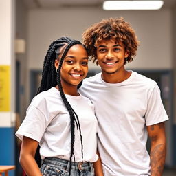 A cute African American and Hispanic girl with long black braids, wearing a stylish white outfit, standing close to her boyfriend who has curly brown hair and light skin