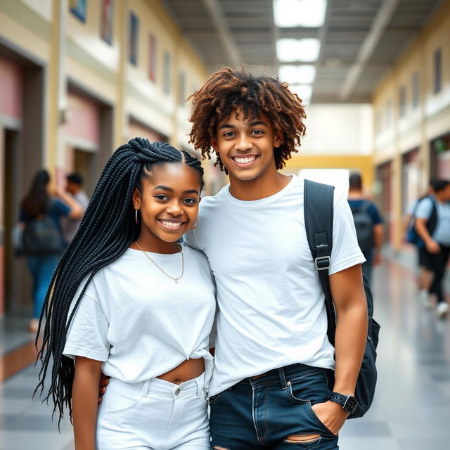 A cute African American and Hispanic girl with long black braids, wearing a stylish white outfit, standing close to her boyfriend who has curly brown hair and light skin