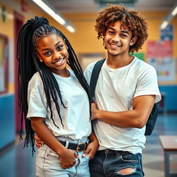 A cute African American and Hispanic girl with long black braids, wearing a stylish white outfit, standing close to her boyfriend who has curly brown hair and light skin