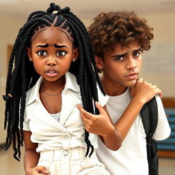 A cute African American and Hispanic girl with long black braids in a stylish white outfit, being held up by her boyfriend who has curly brown hair and light skin