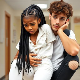 A cute African American and Hispanic girl with long black braids in a stylish white outfit, being held up by her boyfriend who has curly brown hair and light skin