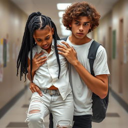 A cute African American and Hispanic girl with long black braids in a stylish white outfit, being held up by her boyfriend who has curly brown hair and light skin