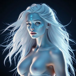 A stunning female figure, with luminous silver skin and flowing white hair, showcasing subtle glowing patterns of icy blue on her face and body