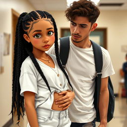 A cute Hispanic girl with long black braids, dressed in a stylish white outfit, being held up by her Hispanic boyfriend who has curly brown hair and light skin