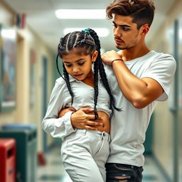 A cute Hispanic girl with long black braids, dressed in a stylish white outfit, being held up by her Hispanic boyfriend who has curly brown hair and light skin