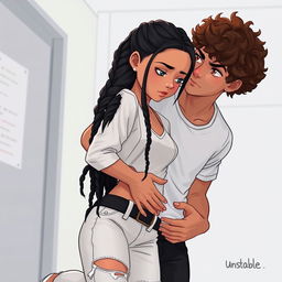 A realistic depiction of a cute Hispanic girl with long black braids, dressed in a stylish white outfit, being held up by her Hispanic boyfriend who has curly brown hair and light skin