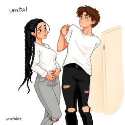 A realistic depiction of a cute Hispanic girl with long black braids, dressed in a stylish white outfit, being held up by her Hispanic boyfriend who has curly brown hair and light skin