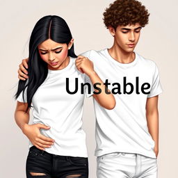 A realistic image of a cute Hispanic girl with long black hair, wearing a stylish white outfit, with her Hispanic boyfriend beside her who has curly brown hair and light skin