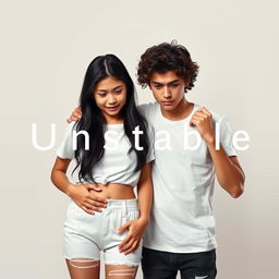 A realistic image of a cute Hispanic girl with long black hair, wearing a stylish white outfit, with her Hispanic boyfriend beside her who has curly brown hair and light skin