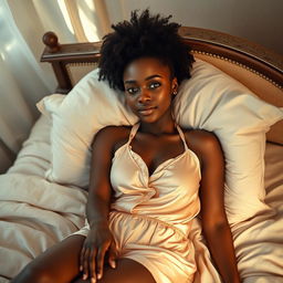 A beautiful black woman lying on a cozy and elegantly made bed, exuding relaxation and tranquility