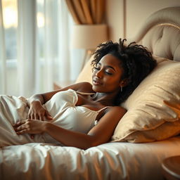 A beautiful black woman lying on a cozy and elegantly made bed, exuding relaxation and tranquility