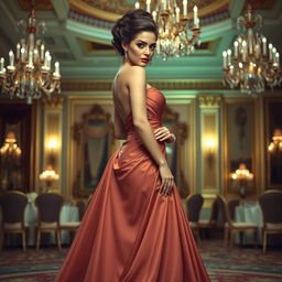 An elegant woman dressed in a stunning, flowing evening gown that accentuates her graceful figure