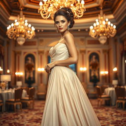 An elegant woman dressed in a stunning, flowing evening gown that accentuates her graceful figure