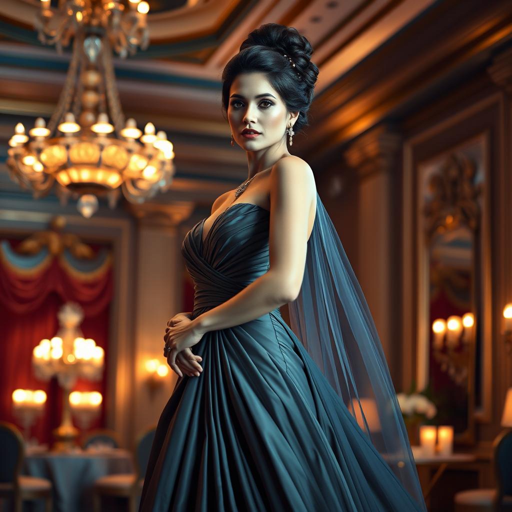 An elegant woman dressed in a stunning, flowing evening gown that accentuates her graceful figure