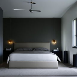 A sleek, modern bedroom with a minimalist design, favouring cool tones and masculine aesthetics, featuring a king-size bed, stylish lighting, and contemporary art pieces.