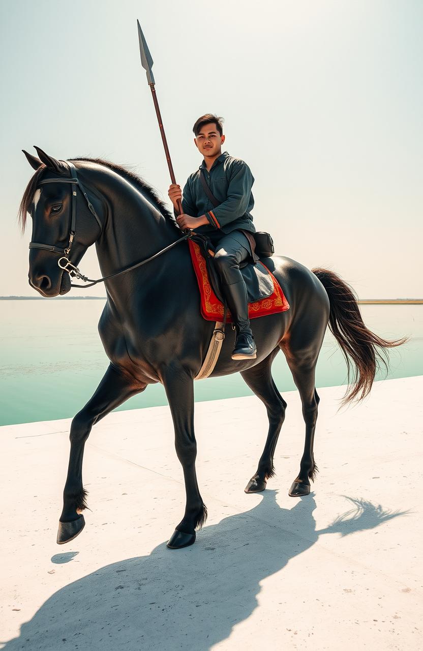 An Asian man sitting confidently on a majestic black horse