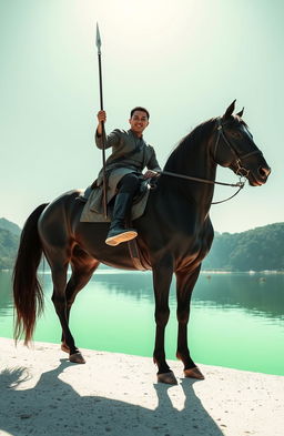 An Asian man sitting confidently on a majestic black horse