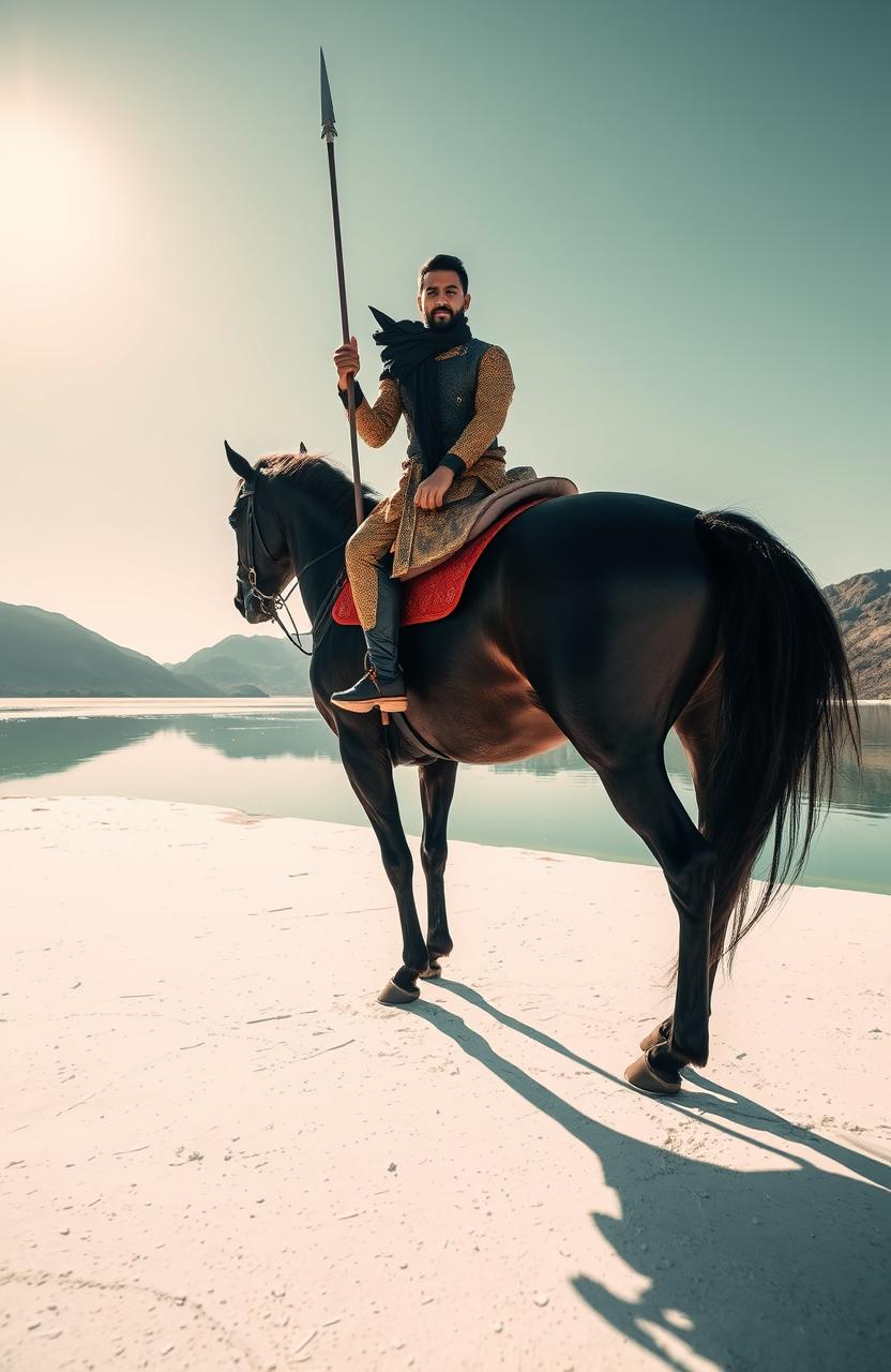 An Asian man sitting confidently on a majestic black horse