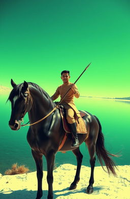 An Asian man sitting confidently on a majestic black horse