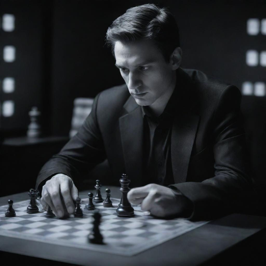 Illustrate a decision-making situation where the adopter is fully aware of potential consequences and probabilities. Depict a chess player, contemplating his next move while visualizing various possible outcomes and their likelihoods on a holographic projection.