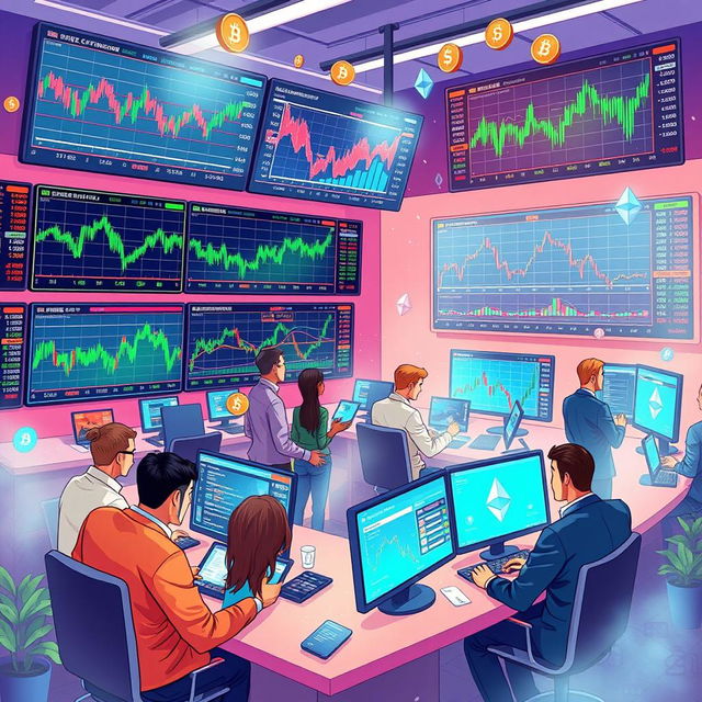 An informative and visually captivating illustration that highlights the world of crypto, forex, and CFD (Contract for Difference) trading