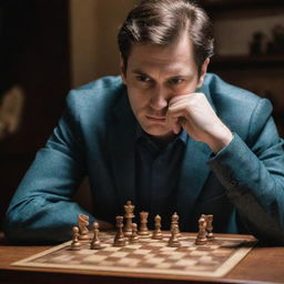 Illustrate a decision-making situation where the adopter is fully aware of potential consequences and probabilities. Depict a chess player, contemplating his next move while visualizing various possible outcomes and their likelihoods on a holographic projection.