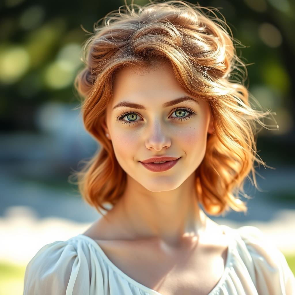 An attractive 18-year-old woman with auburn hair styled in soft waves