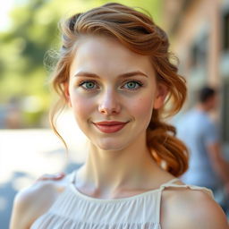 An attractive 18-year-old woman with auburn hair styled in soft waves