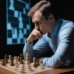 Illustrate a decision-making situation where the adopter is fully aware of potential consequences and probabilities. Depict a chess player, contemplating his next move while visualizing various possible outcomes and their likelihoods on a holographic projection.