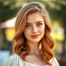 An attractive 18-year-old woman with auburn hair styled in soft waves