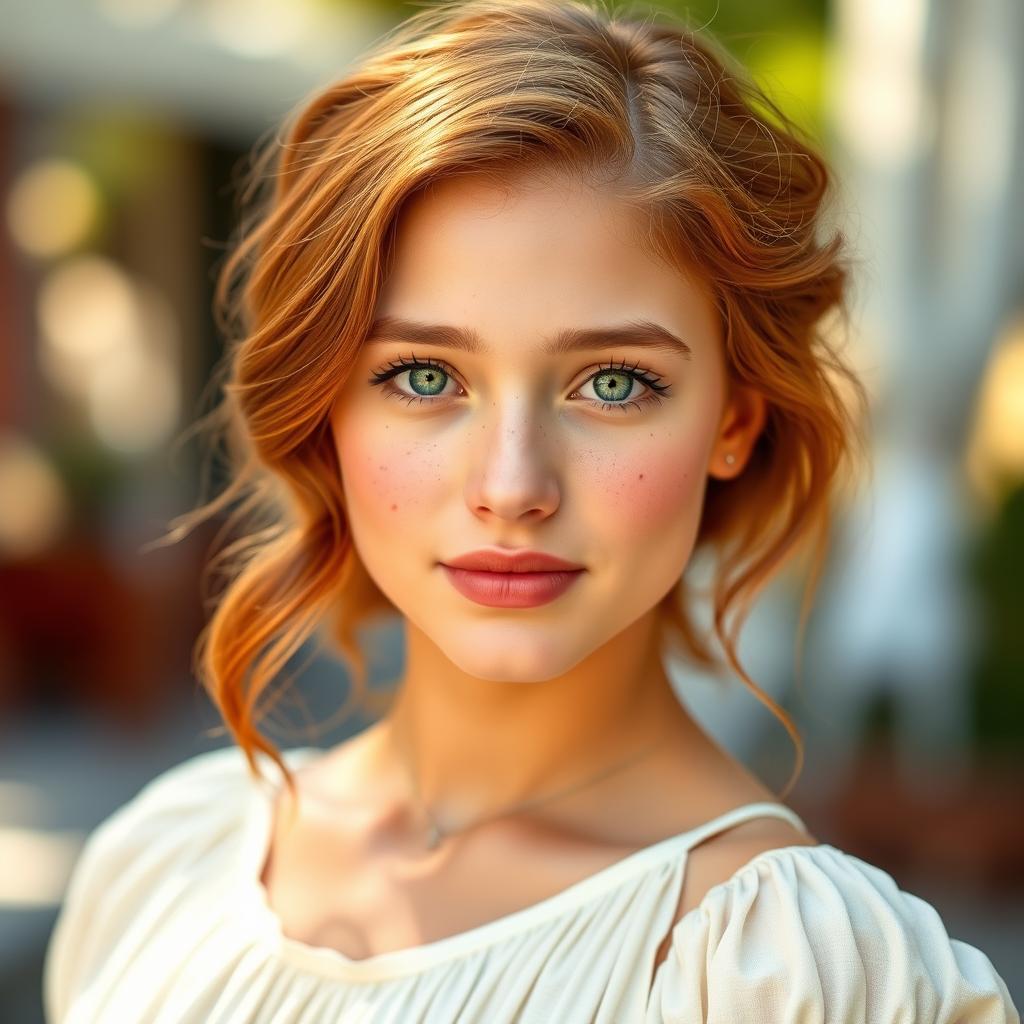 An attractive 18-year-old woman with auburn hair styled in soft waves