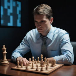 Illustrate a decision-making situation where the adopter is fully aware of potential consequences and probabilities. Depict a chess player, contemplating his next move while visualizing various possible outcomes and their likelihoods on a holographic projection.