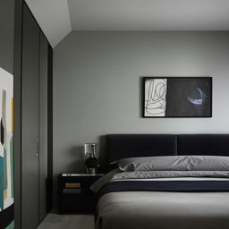 A sleek, modern bedroom with a minimalist design, favouring cool tones and masculine aesthetics, featuring a king-size bed, stylish lighting, and contemporary art pieces.