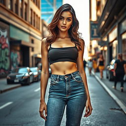 A sexy woman showcasing an authentic urban style, wearing a fitted crop top and high-waisted jeans that highlight her figure