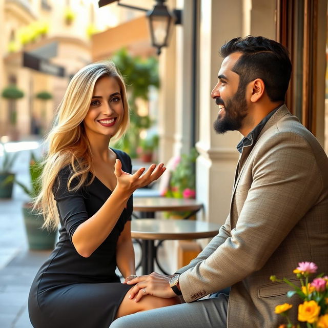 A beautiful European woman inviting a charming Arab man to sit beside her in a cozy café setting