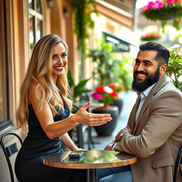 A beautiful European woman inviting a charming Arab man to sit beside her in a cozy café setting