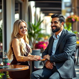 A beautiful European woman inviting a charming Arab man to sit beside her in a cozy café setting