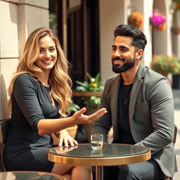 A beautiful European woman inviting a charming Arab man to sit beside her in a cozy café setting