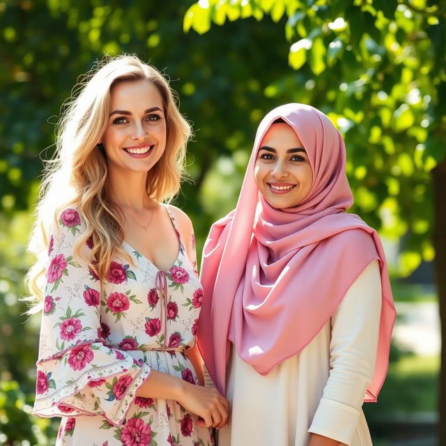 A European woman inviting an Arab woman wearing a hijab, both standing in a bright outdoor setting