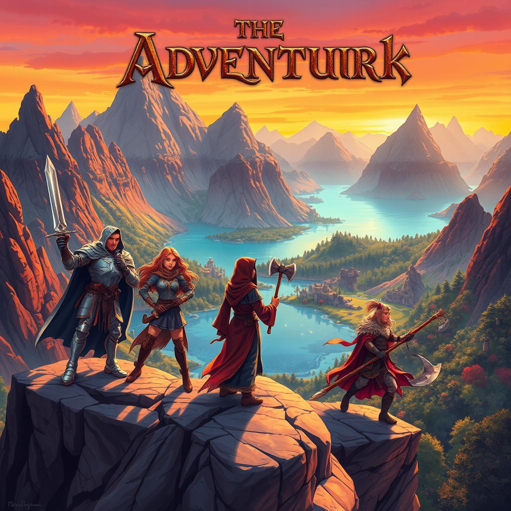 A vibrant fantasy cover illustration featuring a diverse adventurer party ready for an epic quest