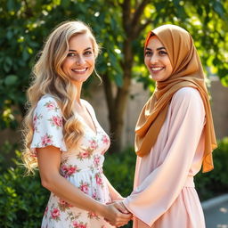 A European woman inviting an Arab woman wearing a hijab, both standing in a bright outdoor setting