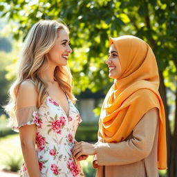 A European woman inviting an Arab woman wearing a hijab, both standing in a bright outdoor setting