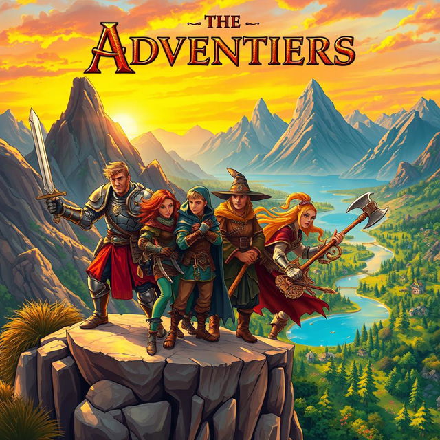 A vibrant fantasy cover illustration featuring a diverse adventurer party ready for an epic quest