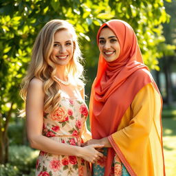 A European woman inviting an Arab woman wearing a hijab, both standing in a bright outdoor setting