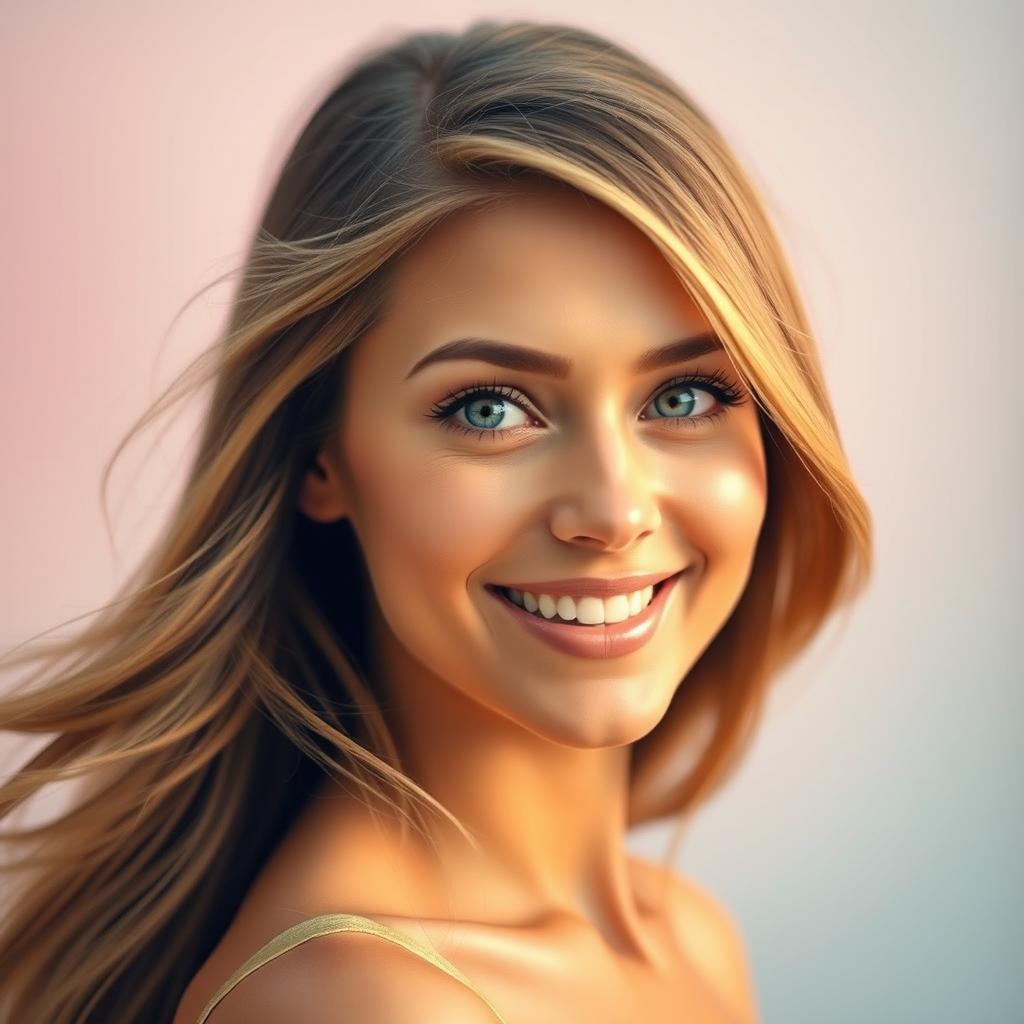 A stunning portrait of a beautiful woman with flowing long hair, glowing skin, and vibrant blue eyes